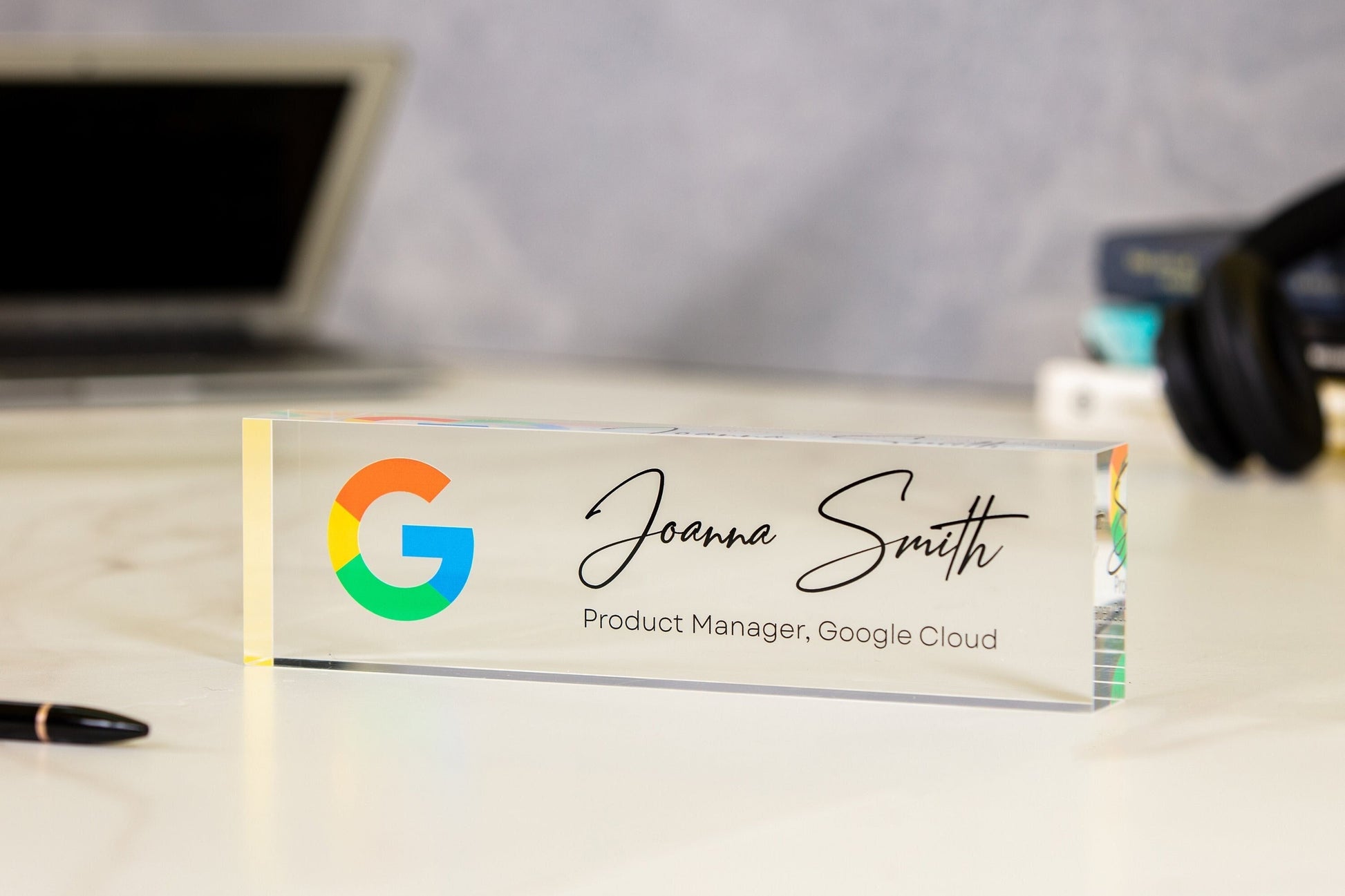 Acrylic Desk Block with Logo - 10x2.75 Executive CEO Plaque, New Job Office Business Decor, Company Staff Name Title Sign, Promotion Gift