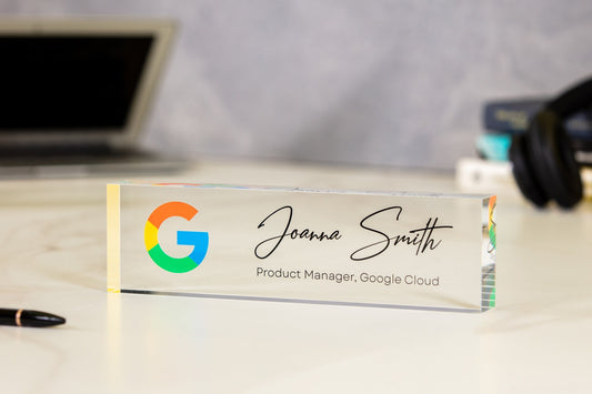 Acrylic Desk Block with Logo - 10x2.75 Executive CEO Plaque, New Job Office Business Decor, Company Staff Name Title Sign, Promotion Gift