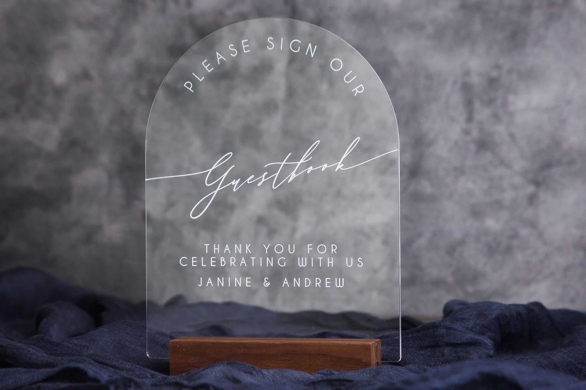 Modern Arch Acrylic Guest Book Sign w/ Wood Stand - 5.9 x 7.72" Please Sign Our Guestbook Sign for Table Decor, Signage for Guest Book