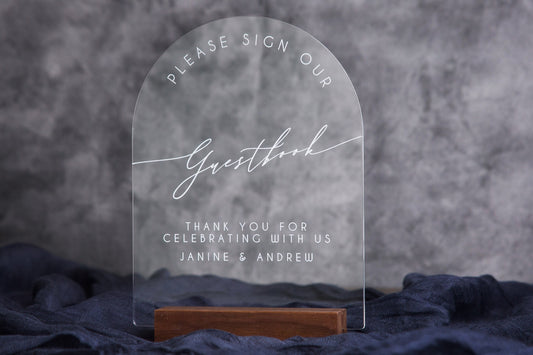 Modern Arch Acrylic Guest Book Sign w/ Wood Stand - 5.9 x 7.72" Please Sign Our Guestbook Sign for Table Decor, Signage for Guest Book