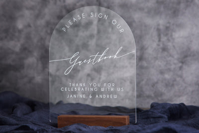 Modern Arch Acrylic Guest Book Sign w/ Wood Stand - 5.9 x 7.72" Please Sign Our Guestbook Sign for Table Decor, Signage for Guest Book