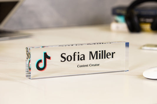 Acrylic Desk Block with Logo - 10x2.75 Executive CEO Plaque, New Job Office Business Decor, Company Staff Name Title Sign, Promotion Gift