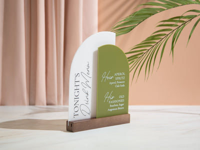 Half Arch Double Acrylic Sign w/ Walnut Wood Base - Dessert Bar for Weddings Birthdays Events, Personalized Show Menu, Custom Party Signage