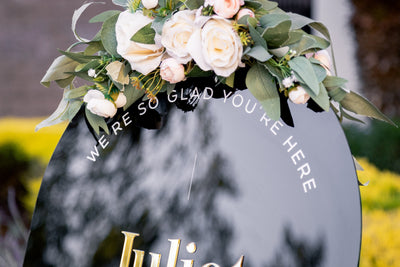 Personalized Gold Mirror Wedding Sign - Glad You're Here Arched Vertical Ceremony Welcome Signage Venue Reception Table Decor