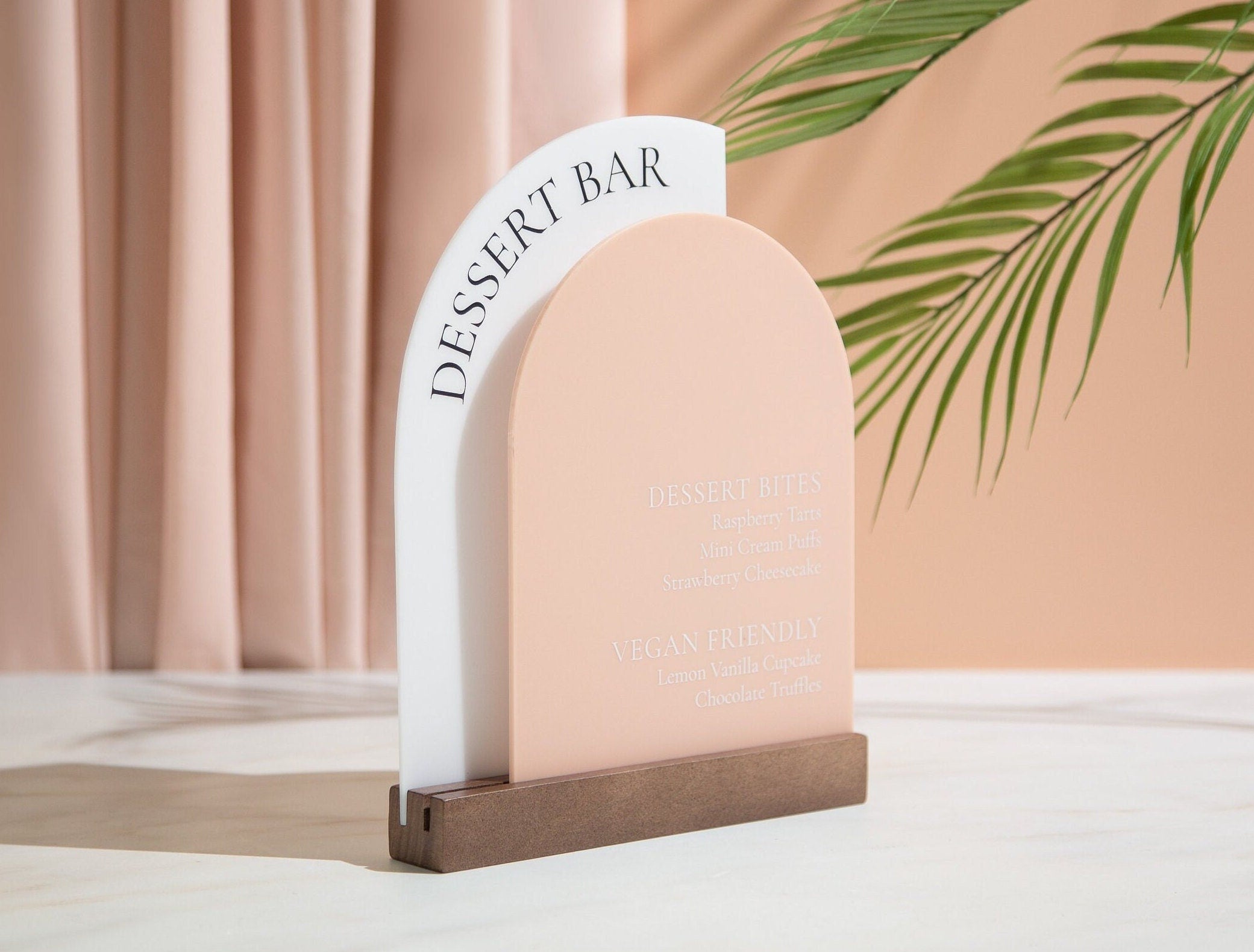 Full Arch Double Acrylic Sign w/ Walnut Wood Base - Dessert Bar for Weddings Birthdays Events, Personalized Show Menu, Custom Party Signage
