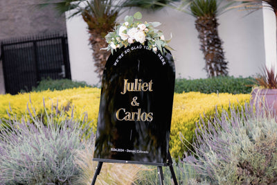 Personalized Gold Mirror Wedding Sign - Glad You're Here Arched Vertical Ceremony Welcome Signage Venue Reception Table Decor
