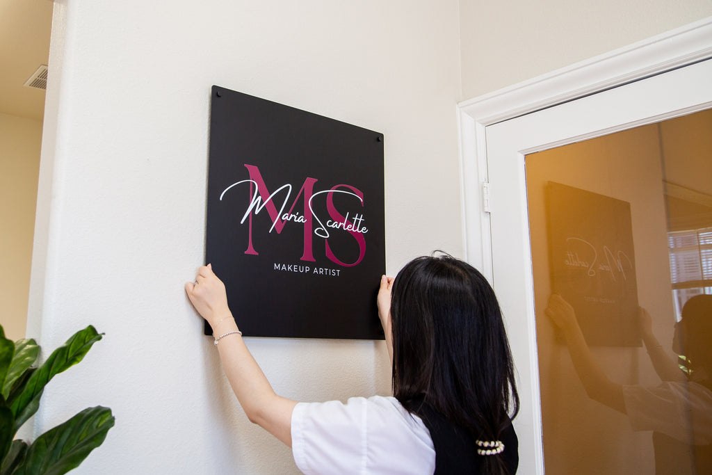 Black Square Wall Sign With 4 Holes - Custom Small Business Logo Sign for Beauty Salon Owners, Hair Nail Stylist Makeup Massage Skincare