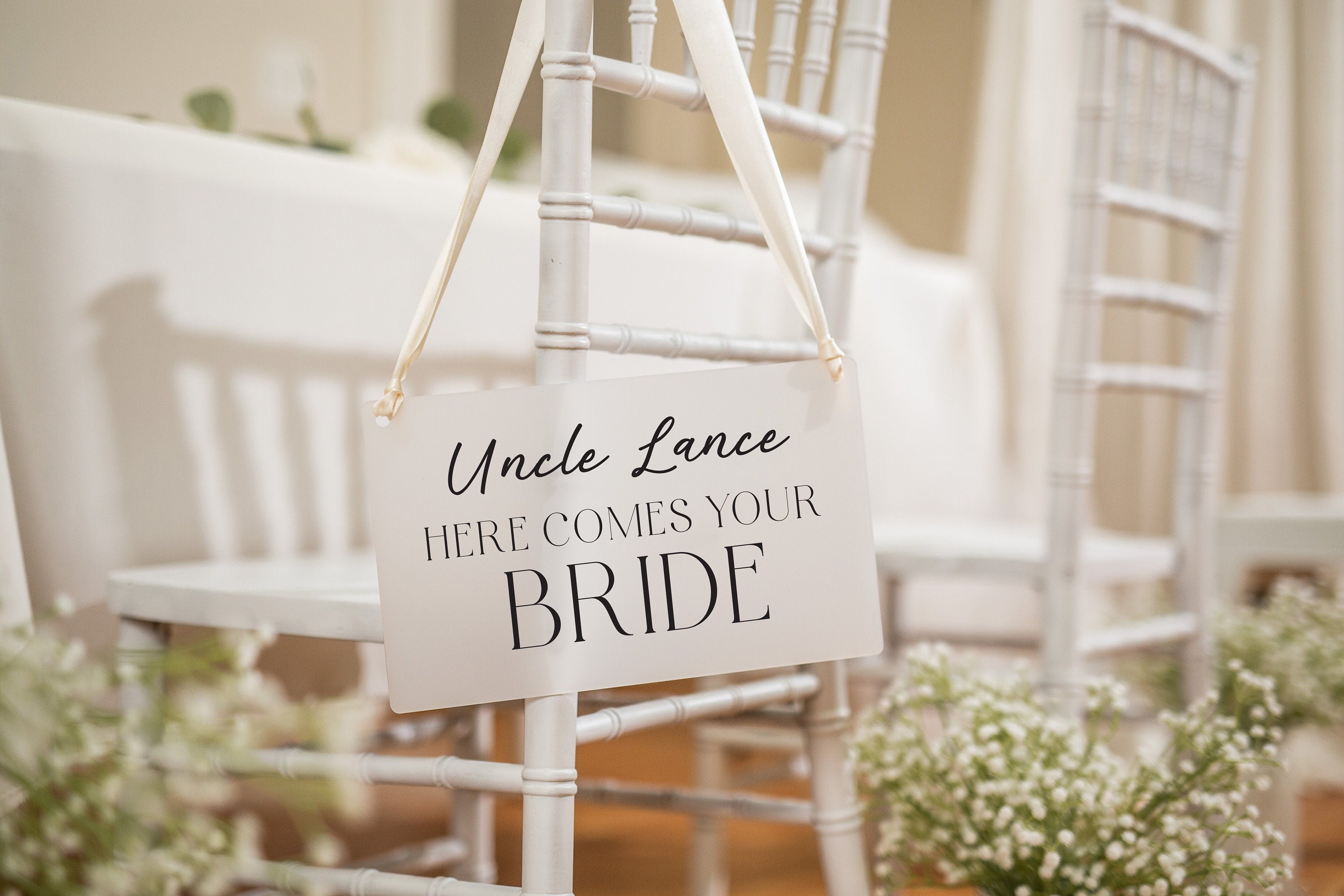 Wedding Hanging Acrylic Sign with Ribbon (Design 3) - 11.5x7" Sign, Here Comes The Bride Sign, Ring Bearer Flower Girl Sign, Wedding Props