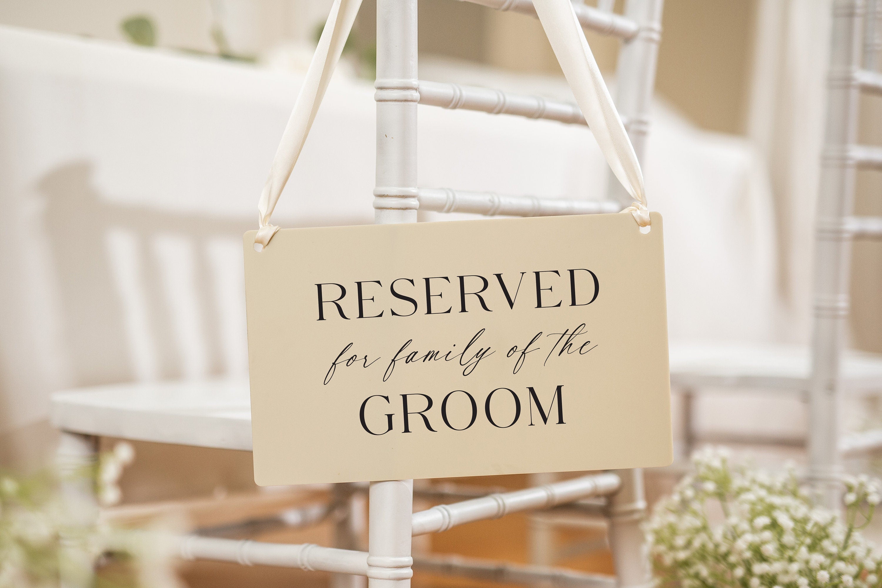 Reserved Hanging Acrylic Sign with Ribbon (D2) - 11.5x7" Reserved Seat Sign for Family of the Groom, Wedding Ceremony Reception Chair Sign
