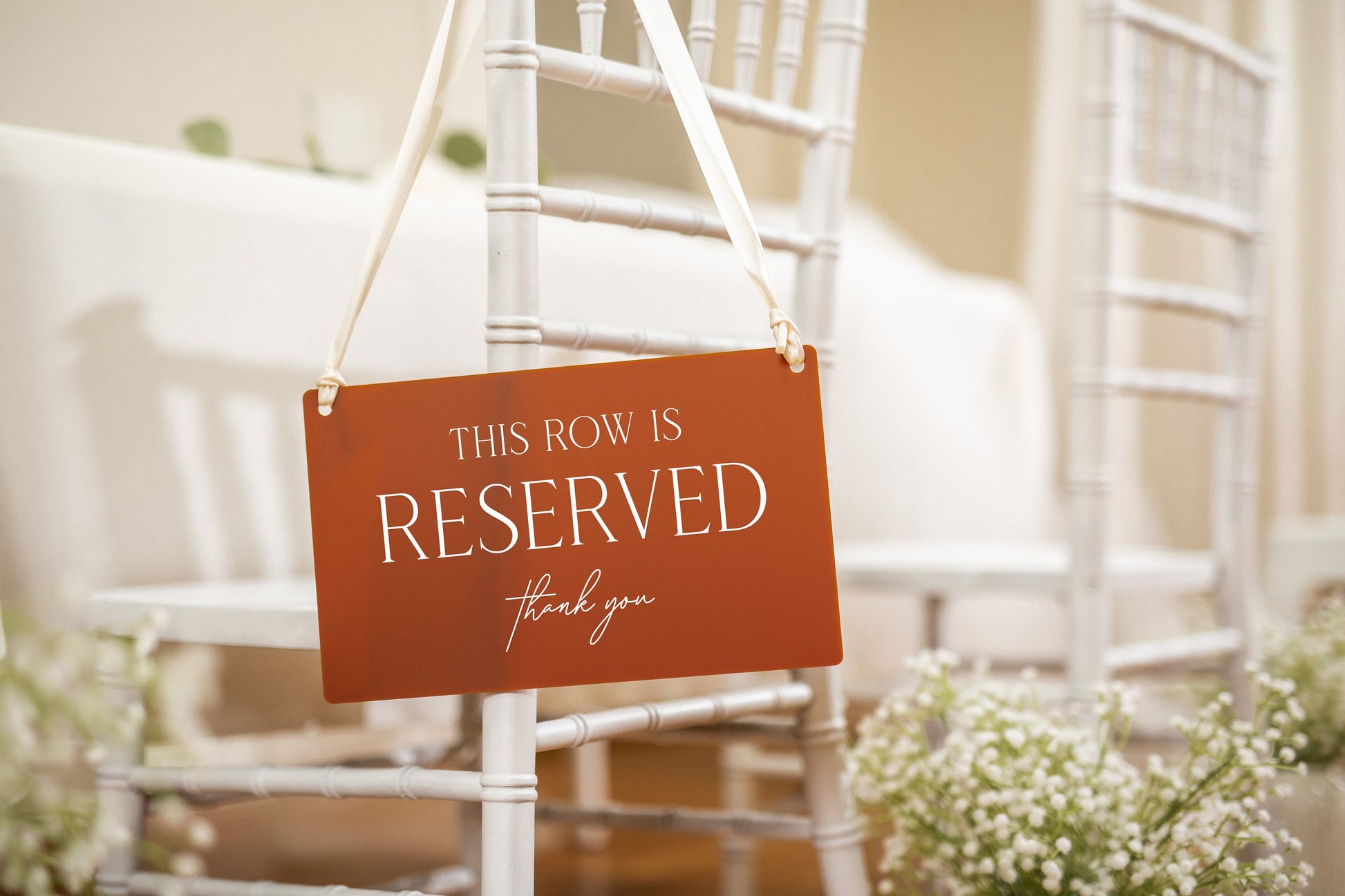 Reserved Hanging Acrylic Sign with Ribbon (D3) - 11.5x7" This Row is Reserved for Wedding Ceremony Seats Sign, Reception and Bridal Party