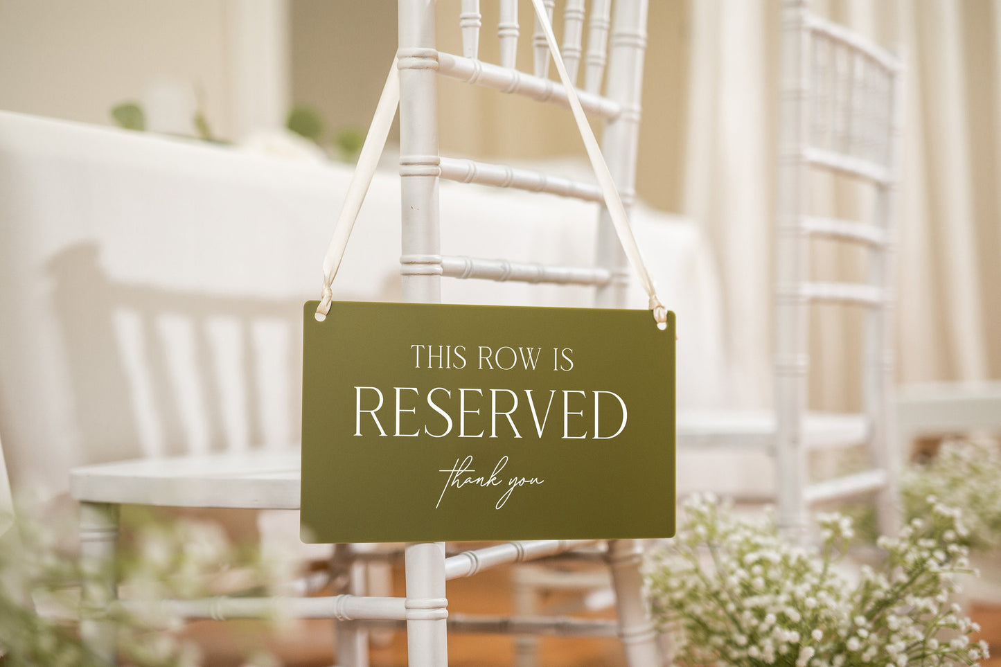 Reserved Hanging Acrylic Sign with Ribbon (D3) - 11.5x7" This Row is Reserved for Wedding Ceremony Seats Sign, Reception and Bridal Party