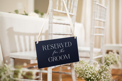 Reserved Hanging Acrylic Sign with Ribbon (D6) - 11.5x7" Reserved Seat Sign for the Groom, Modern Wedding Ceremony Reception Chair Sign