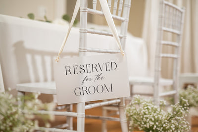 Reserved Hanging Acrylic Sign with Ribbon (D6) - 11.5x7" Reserved Seat Sign for the Groom, Modern Wedding Ceremony Reception Chair Sign