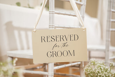 Reserved Hanging Acrylic Sign with Ribbon (D6) - 11.5x7" Reserved Seat Sign for the Groom, Modern Wedding Ceremony Reception Chair Sign