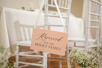 Reserved Hanging Acrylic Sign with Ribbon (D8) - 11.5x7" Reserved Seat Sign for the Bride's Family, Wedding Ceremony Reception Chair Sign