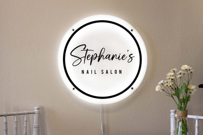 LED Round Sign With 4 Holes - Custom Led Light Acrylic Business Logo Sign for Beauty Salon Owners, Hair Nail Stylist Makeup Massage Skincare