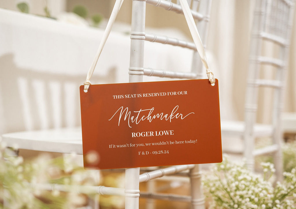 Wedding Hanging Acrylic Sign with Ribbon (Design 2) - 11.5x7" Sign, Signage for Wedding Chair Aisle Table, Matchmaker Sign