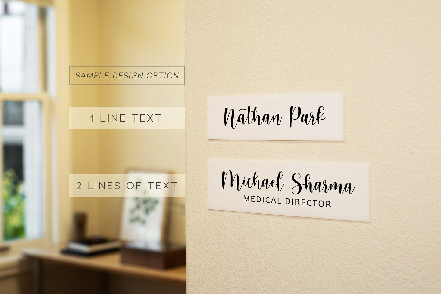 Wall Sign Name Plate (No Hole) D3 - 2 Sizes Personalized Stick on Shop Home Office Glass Wall or Door, Minimalist Gift for Small Business