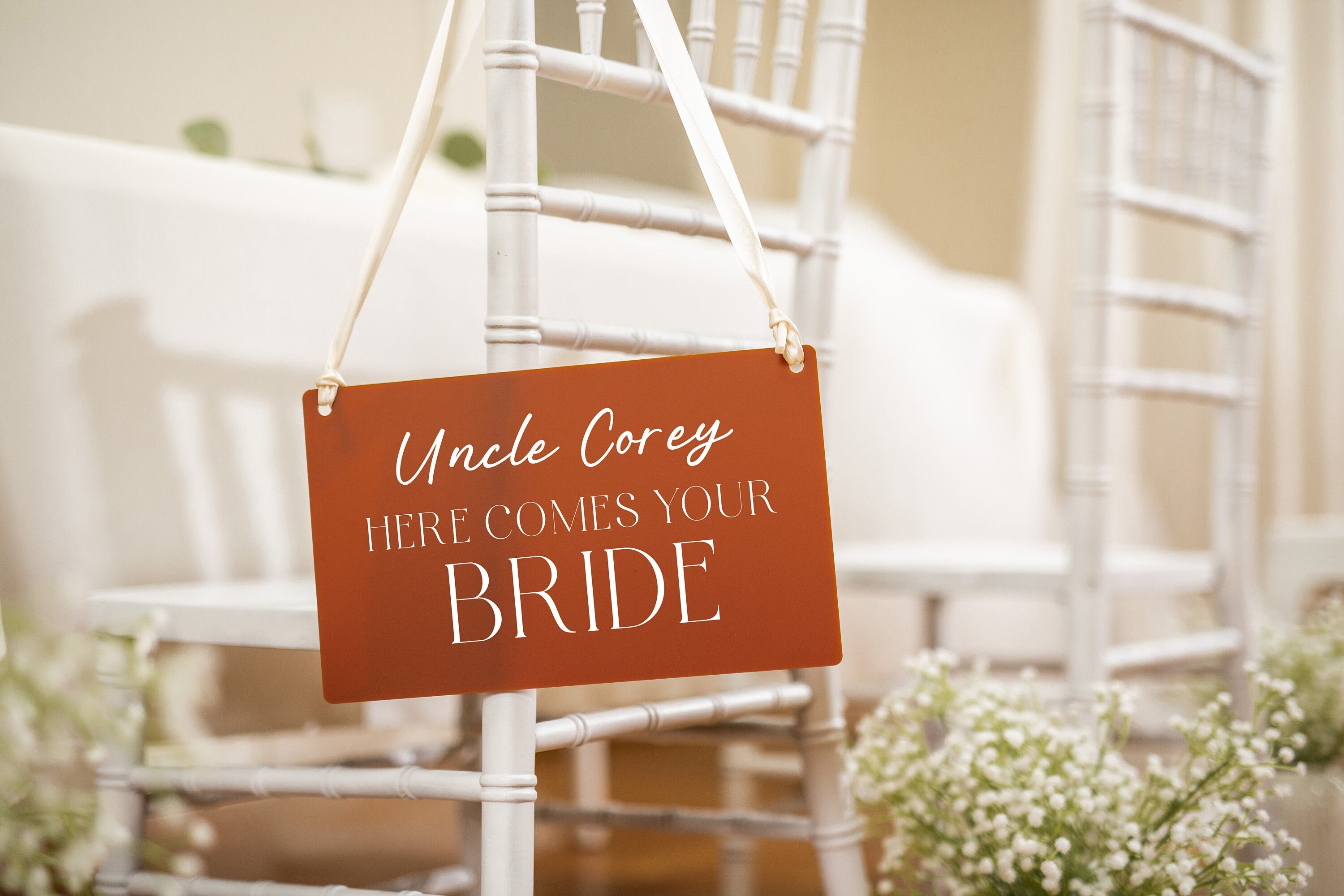 Wedding Hanging Acrylic Sign with Ribbon (Design 3) - 11.5x7" Sign, Here Comes The Bride Sign, Ring Bearer Flower Girl Sign, Wedding Props
