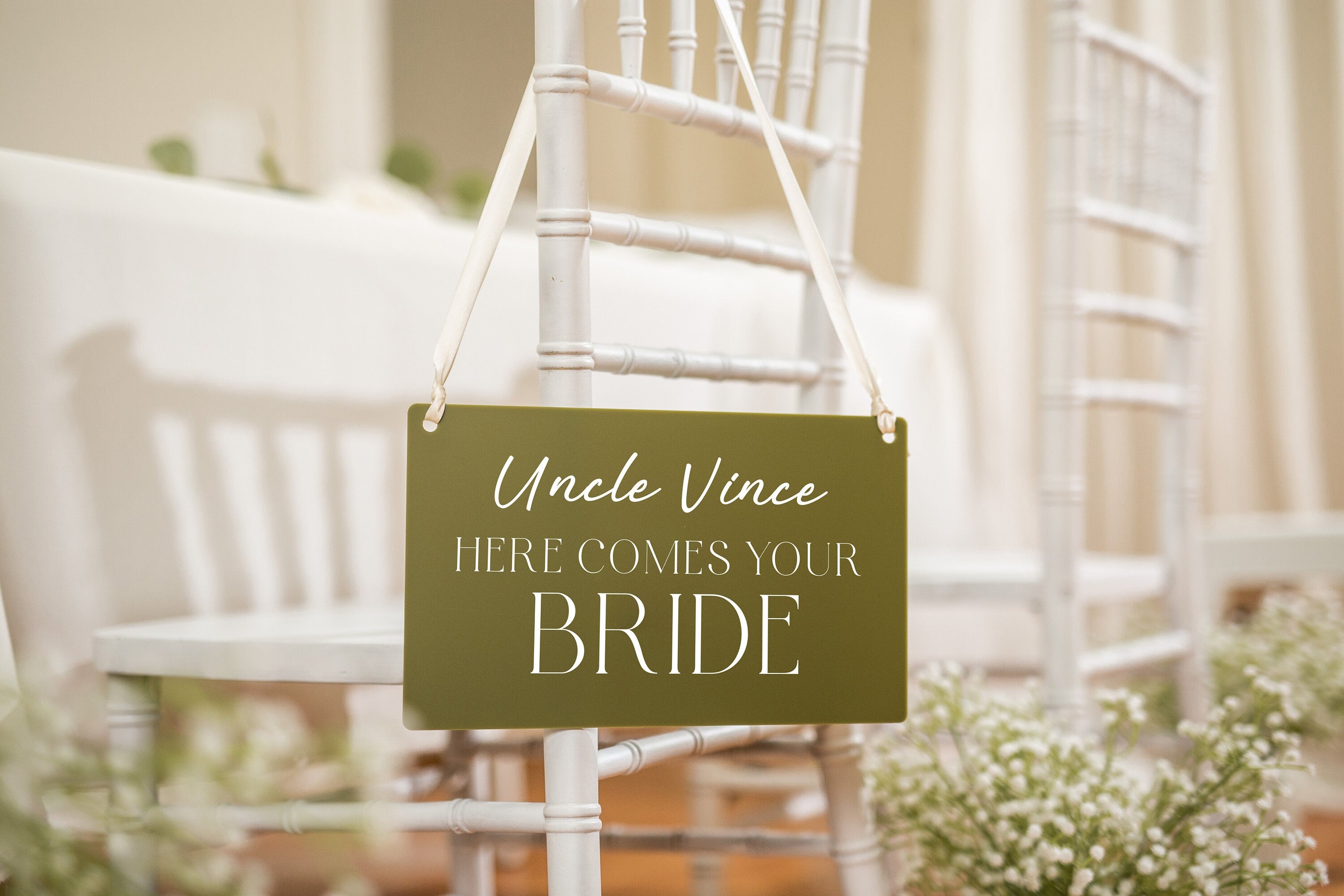 Wedding Hanging Acrylic Sign with Ribbon (Design 3) - 11.5x7" Sign, Here Comes The Bride Sign, Ring Bearer Flower Girl Sign, Wedding Props