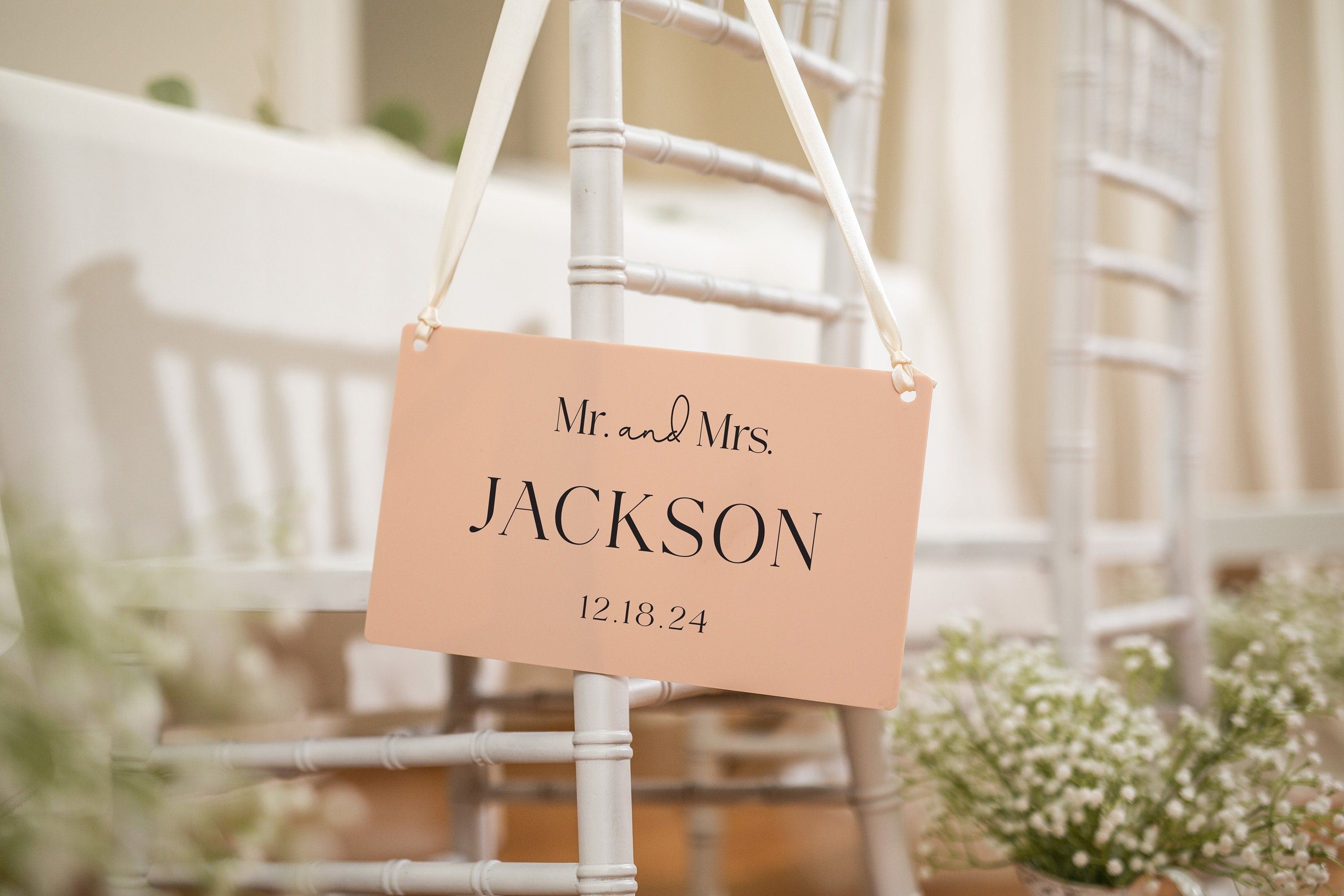 Wedding Hanging Acrylic Sign with Ribbon (Design 4) - 11.5x7" Sign, Mr. & Mrs. Wedding Sign, Bride and Groom Newlywed Decor, Couple Gift