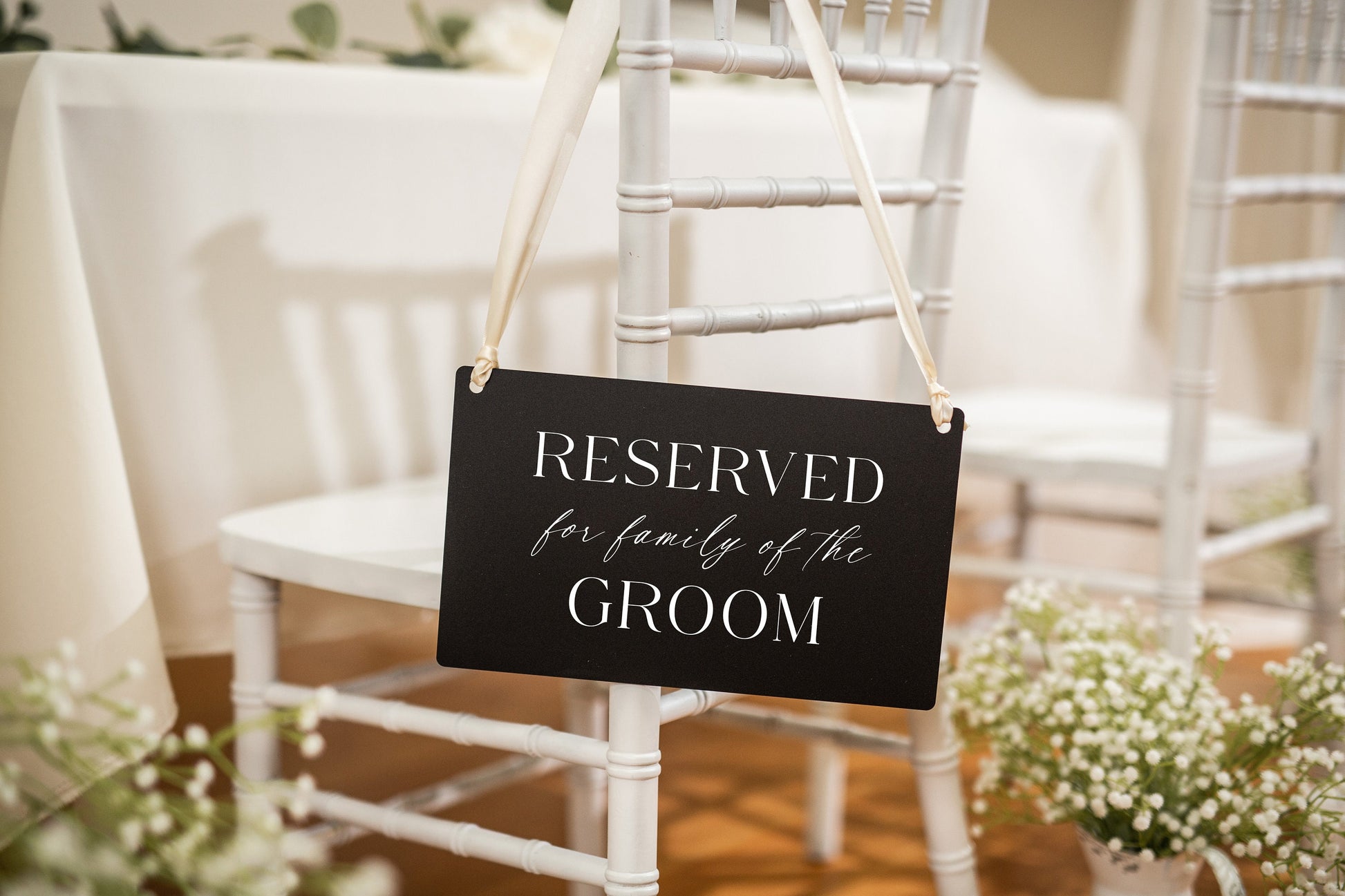 Reserved Hanging Acrylic Sign with Ribbon (D2) - 11.5x7" Reserved Seat Sign for Family of the Groom, Wedding Ceremony Reception Chair Sign