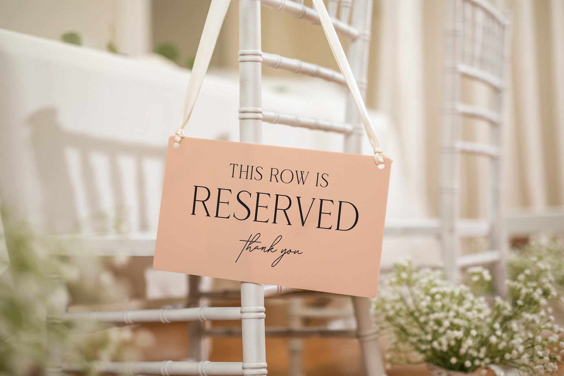 Reserved Hanging Acrylic Sign with Ribbon (D3) - 11.5x7" This Row is Reserved for Wedding Ceremony Seats Sign, Reception and Bridal Party