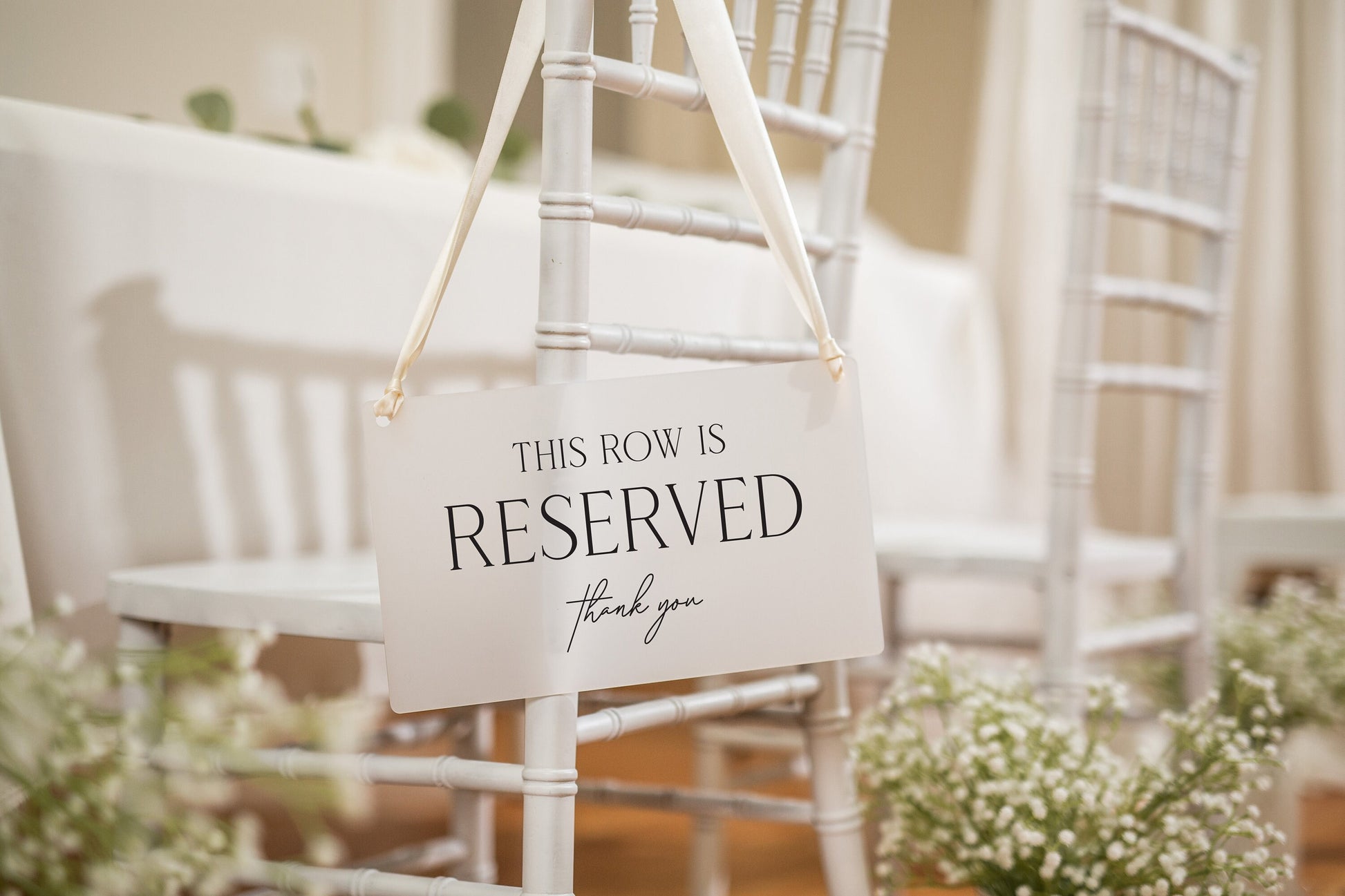 Reserved Hanging Acrylic Sign with Ribbon (D3) - 11.5x7" This Row is Reserved for Wedding Ceremony Seats Sign, Reception and Bridal Party