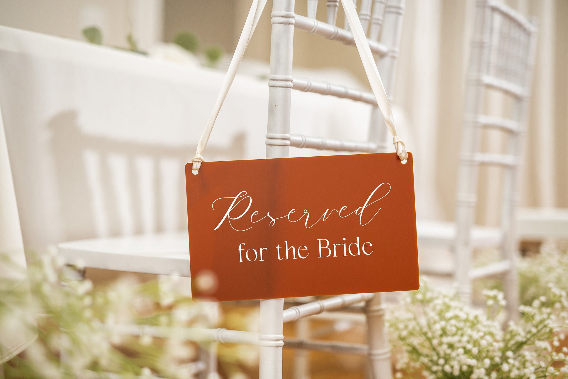 Reserved Hanging Acrylic Sign with Ribbon (D4) - 11.5x7" Reserved Seat Sign for the Bride, Wedding Ceremony Reception Bridal Party Sign