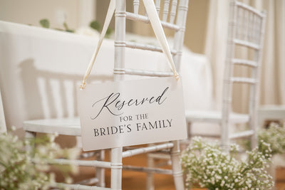 Reserved Hanging Acrylic Sign with Ribbon (D8) - 11.5x7" Reserved Seat Sign for the Bride's Family, Wedding Ceremony Reception Chair Sign