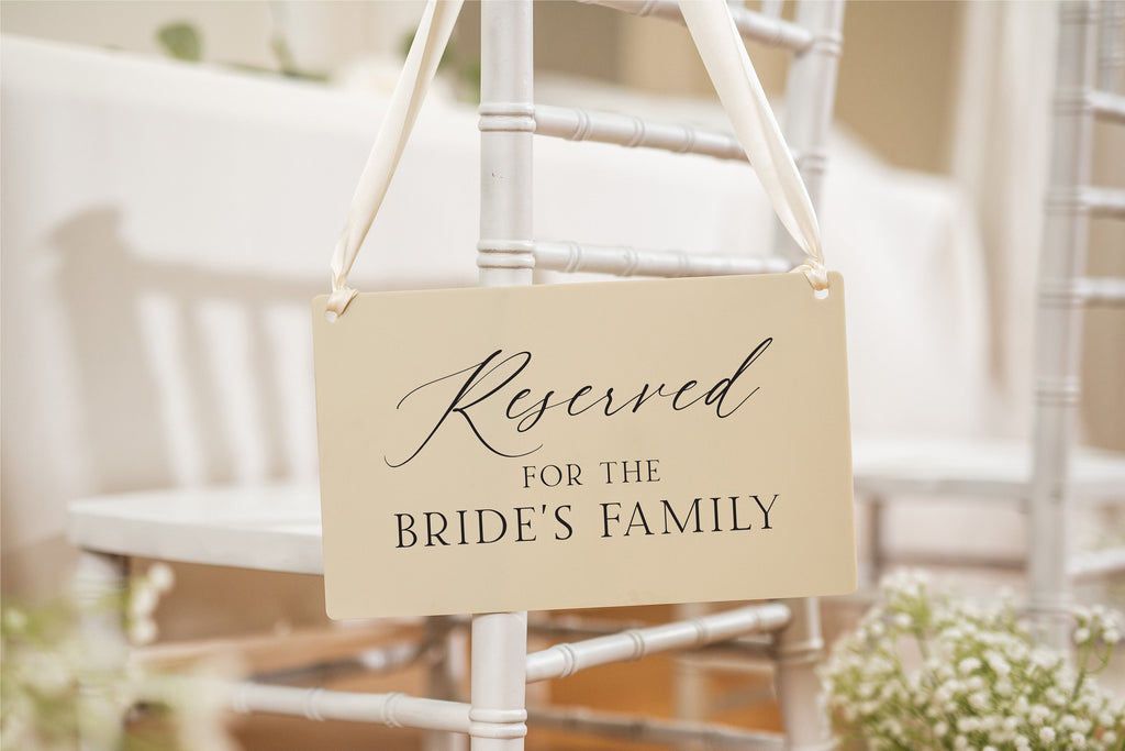 Reserved Hanging Acrylic Sign with Ribbon (D8) - 11.5x7" Reserved Seat Sign for the Bride's Family, Wedding Ceremony Reception Chair Sign