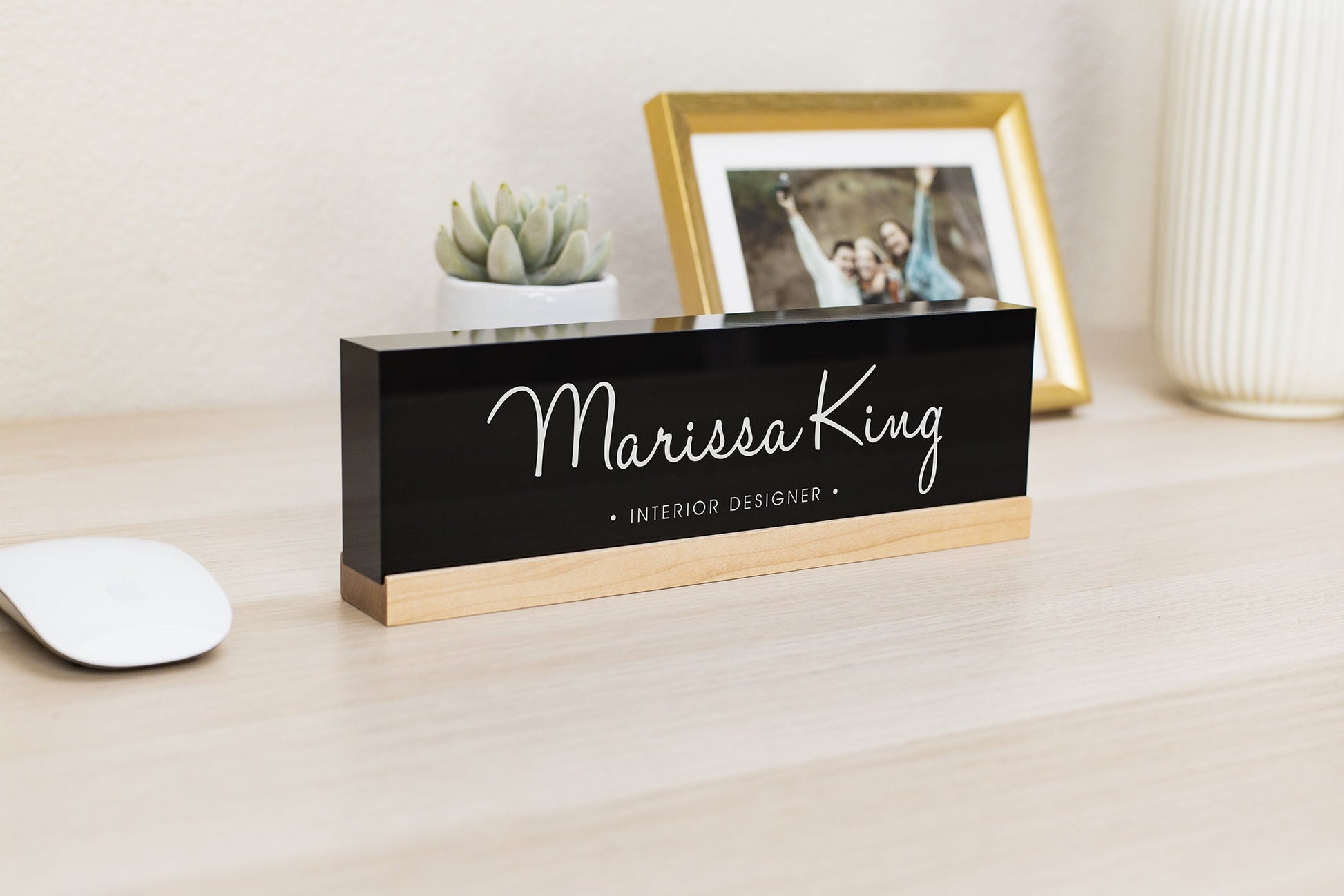 Personalized Acrylic Name Block (D10) - w/ Optional Wooden Base, Cursive Creative Executive Desk CEO Sign, Job Office Decor Promotion Gift
