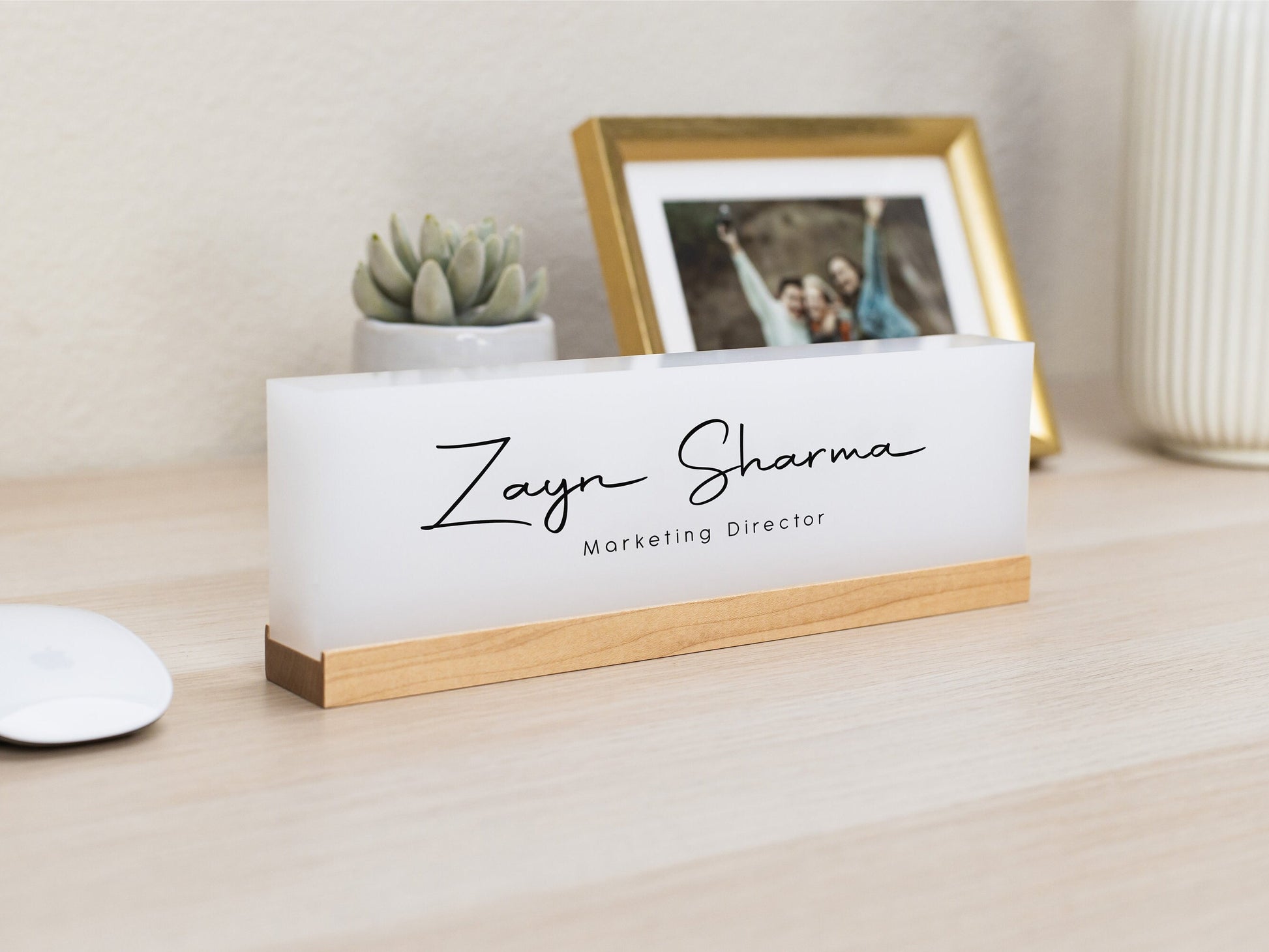 Personalized Acrylic Name Block (D2) - w/ Optional Wooden Base, Minimal Executive Desk CEO Sign, Job Office Decor Teacher Manager Gift