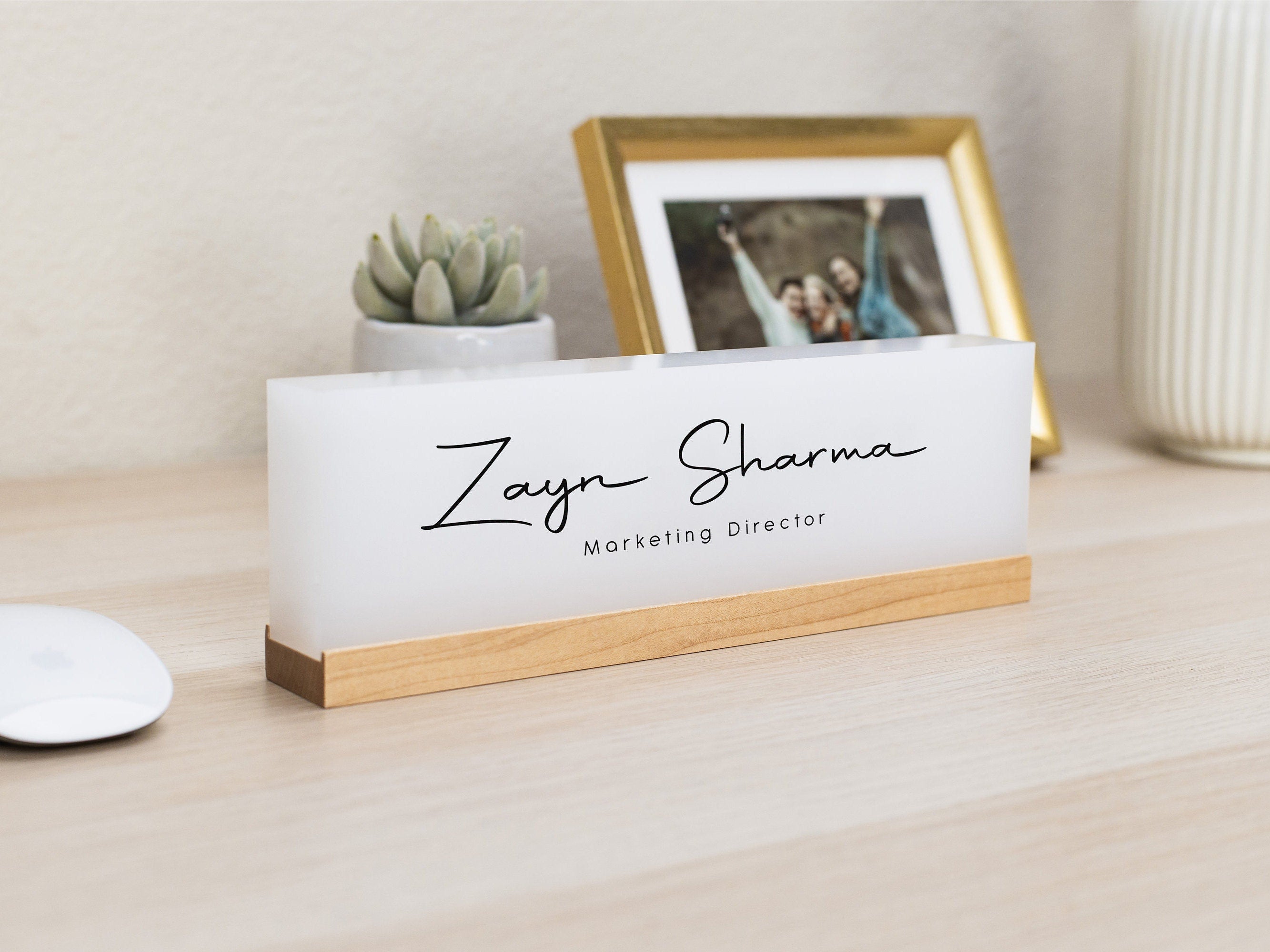 Personalized Acrylic Name Block (D2) - w/ Optional Wooden Base, Minimal Executive Desk CEO Sign, Job Office Decor Teacher Manager Gift