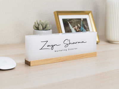 Personalized Acrylic Name Block (D2) - w/ Optional Wooden Base, Minimal Executive Desk CEO Sign, Job Office Decor Teacher Manager Gift