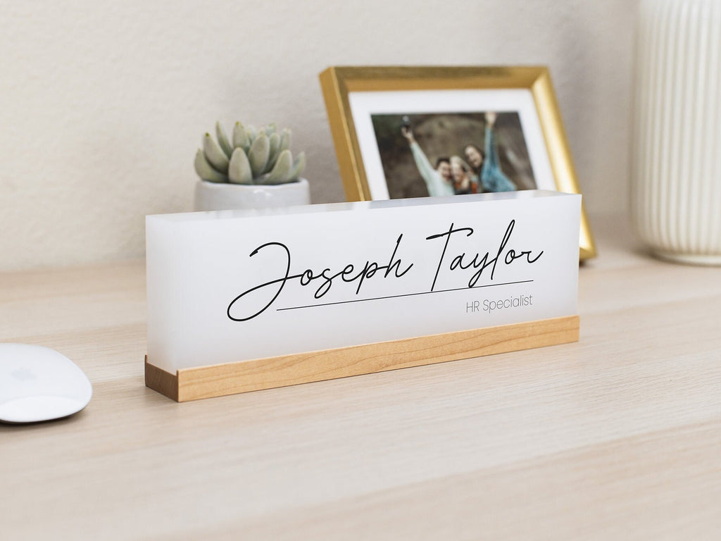Personalized Acrylic Name Block (D6) - w/ Optional Wooden Base, Executive Desk CEO Sign, Job Office Decor Principal Promotion Gift