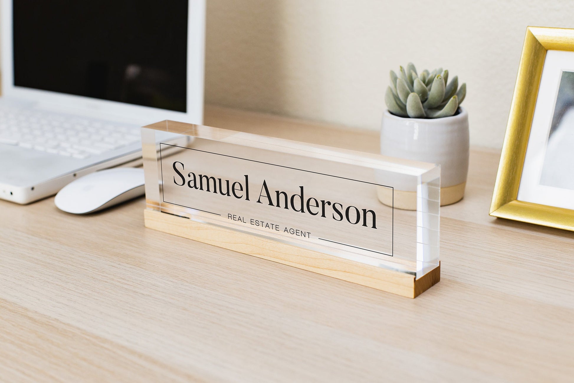 Personalized Acrylic Name Block (D9) - w/ Optional Wooden Base, Modern Manager Executive Desk CEO Boss Sign, Work Name Job Title Office