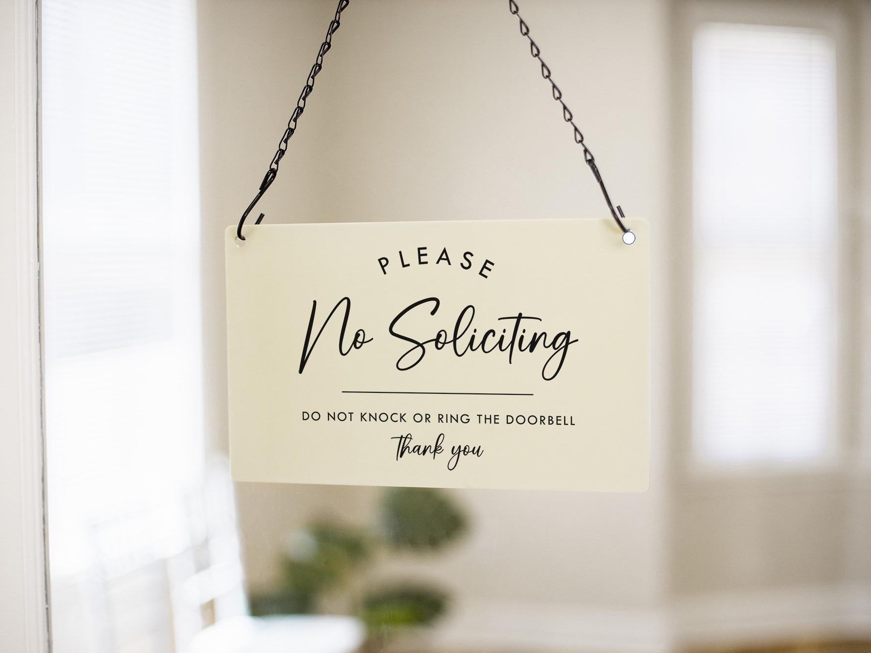 No Soliciting Hanging Acrylic Sign & Black Metal Chain - 11.5x7" Custom Window Sign, Office Home Door Signage Small Business Owner Gift