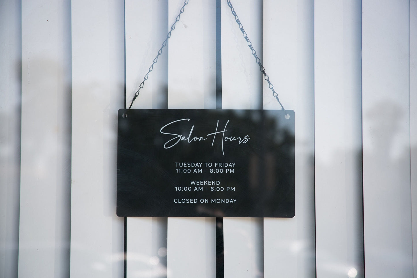 Store Hours Acrylic Sign & Black Hanging Chain- 11.5x7" Custom Signs for Office Door Small Business Hours, Spa Salon Bar Tea Coffee Shop