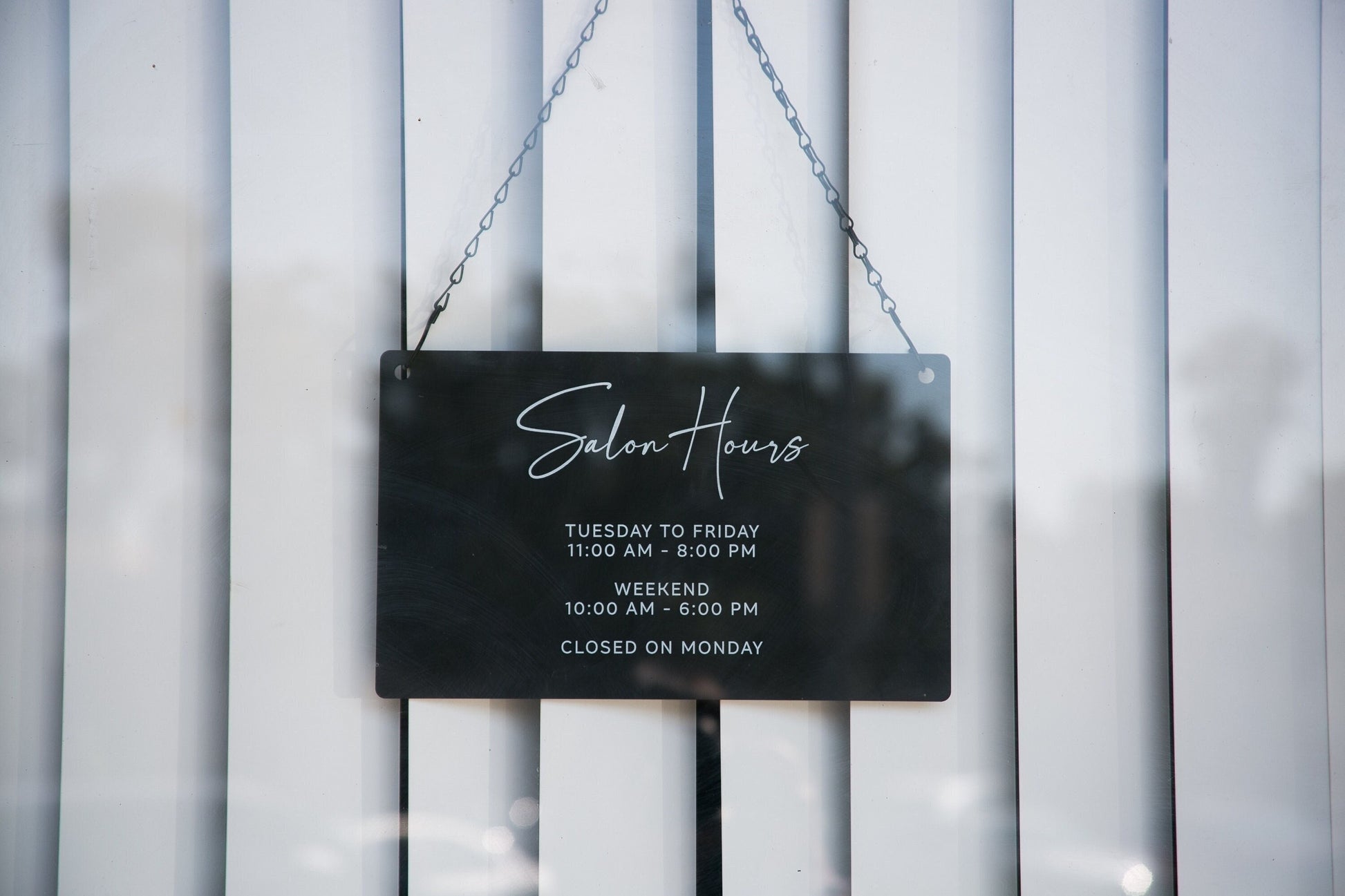 Store Hours Acrylic Sign & Black Hanging Chain- 11.5x7" Custom Signs for Office Door Small Business Hours, Spa Salon Bar Tea Coffee Shop
