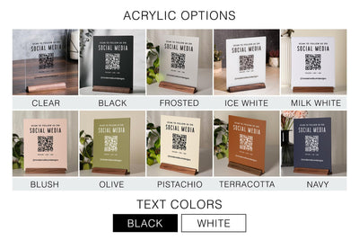 QR Code Social Media Sign w/ Wood Stand - Scannable Office Table Desk Signage, Social Media for Small Business, Salon Restaurant Bar Signs