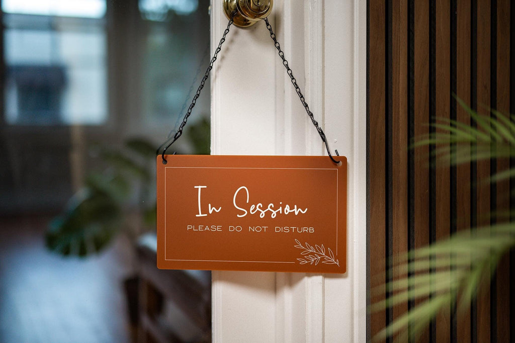 Hanging Acrylic Sign & Black Metal Chain (D7) - 11.5x7" Custom Window Office Home Business Door Wall Signage, Therapy In Session Personalize