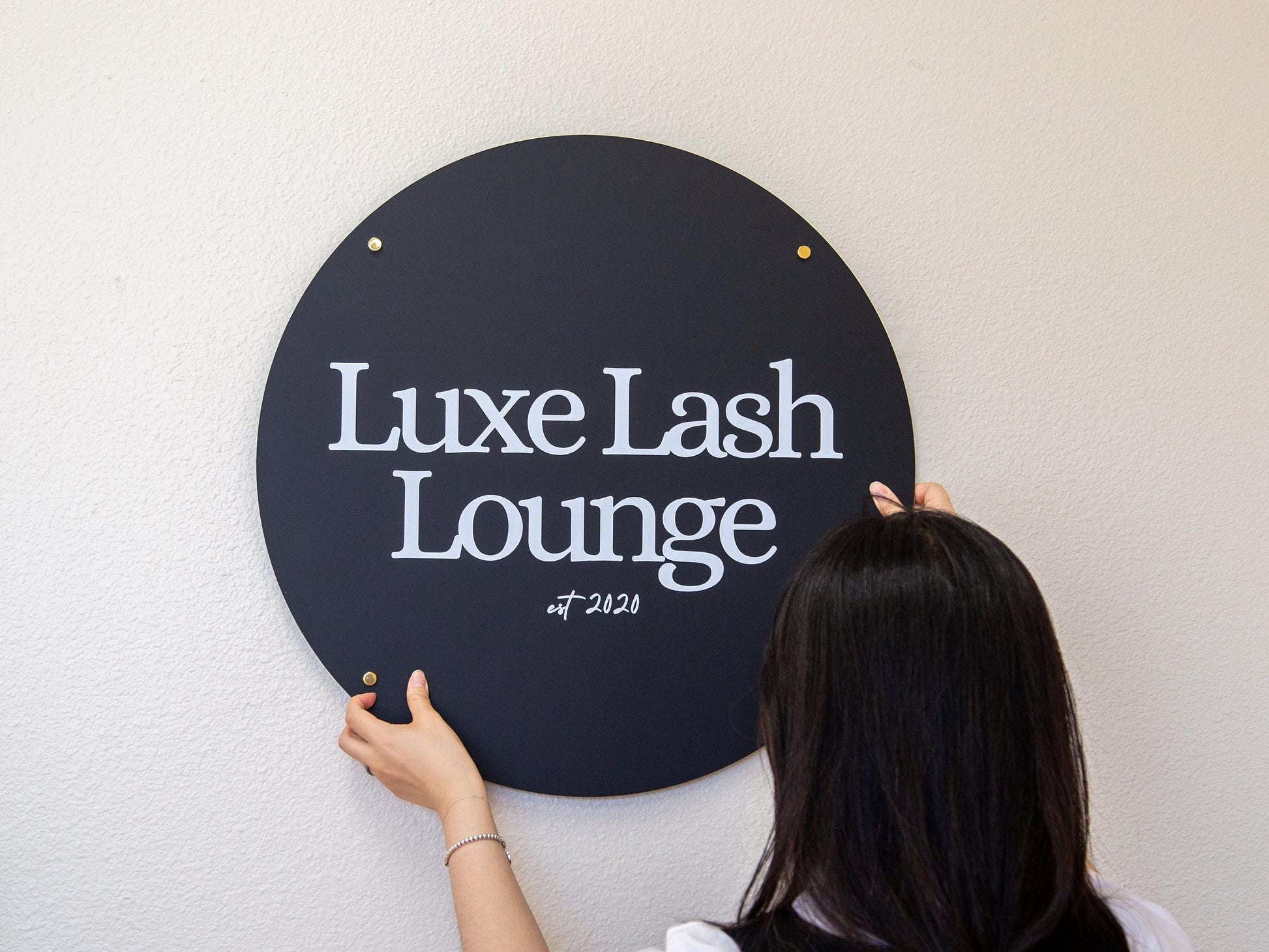 Black Round Wall Sign With 4 Holes - Custom Small Business Logo Sign for Beauty Salon Owners, Hair Nail Stylist Makeup Massage Skincare