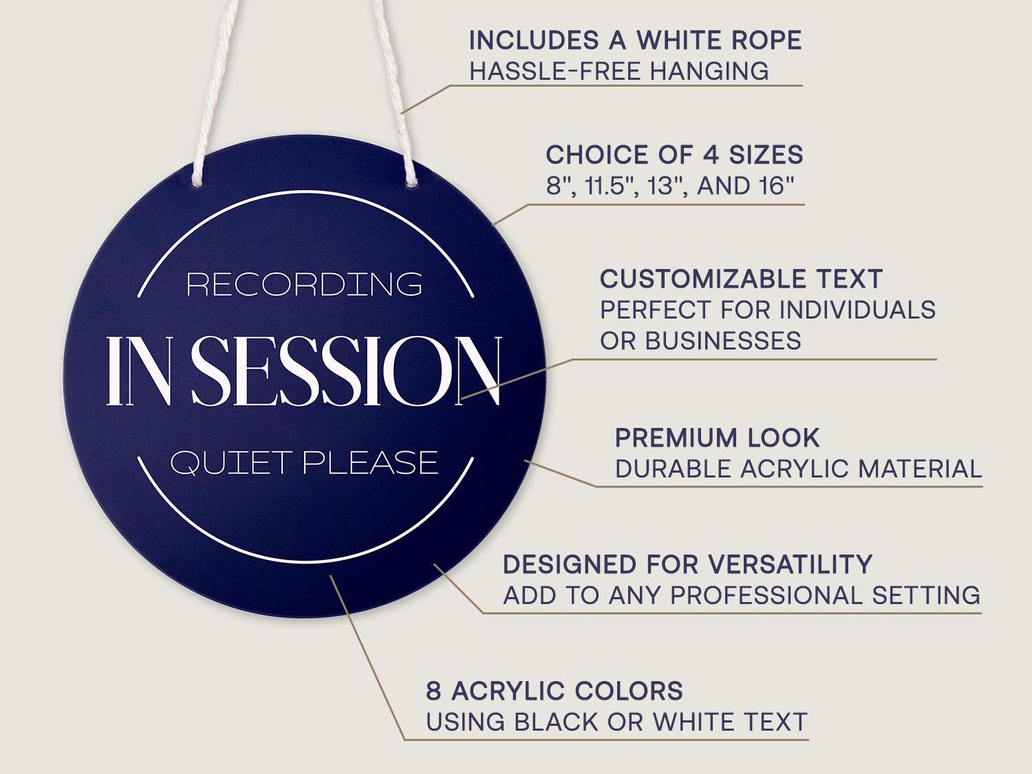 Round Hanging Acrylic Sign (Recording) w/ White Rope - custom signage for office home rental door, small business logo sign, trade show