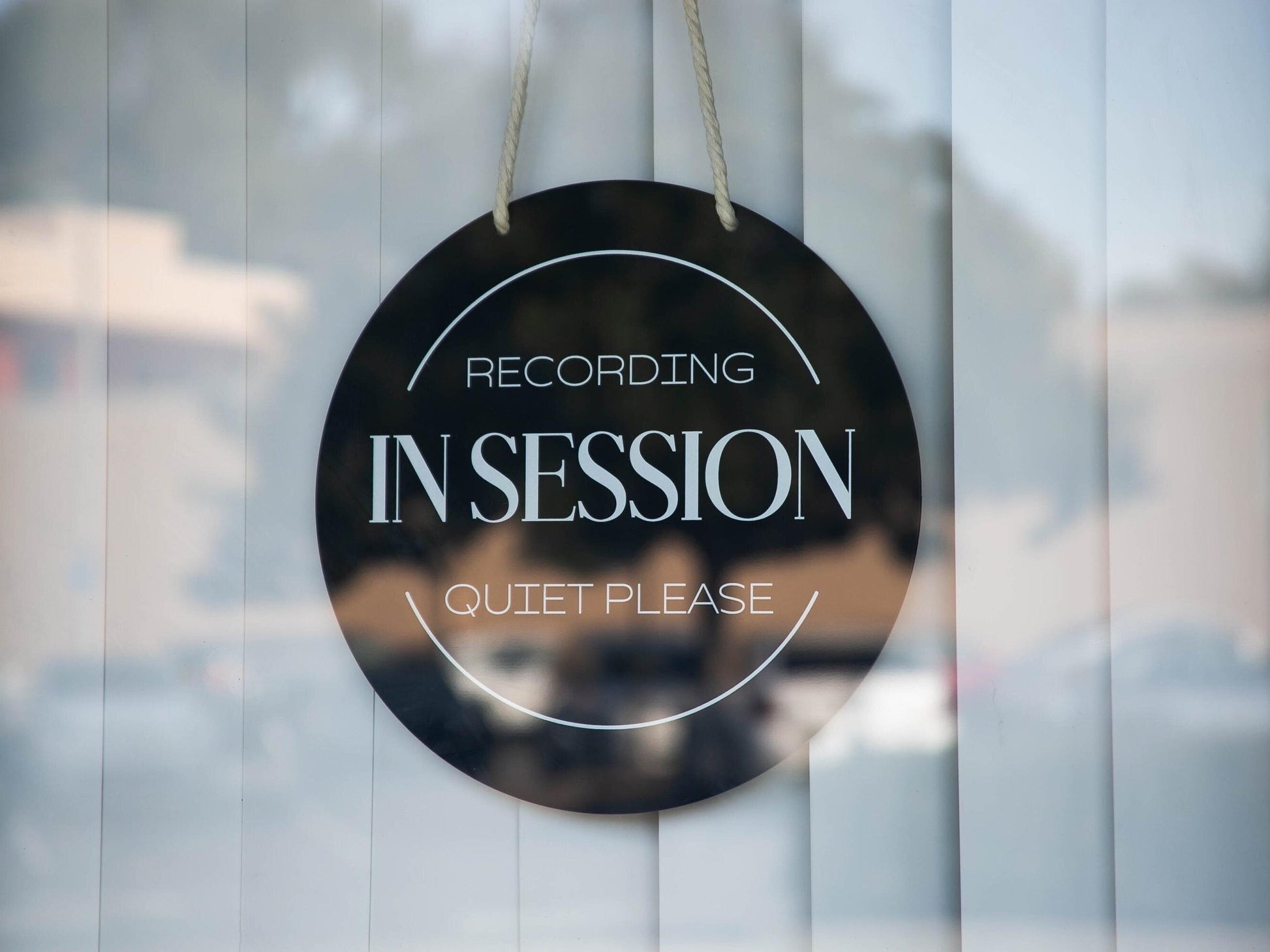 Round Hanging Acrylic Sign (Recording) w/ White Rope - custom signage for office home rental door, small business logo sign, trade show