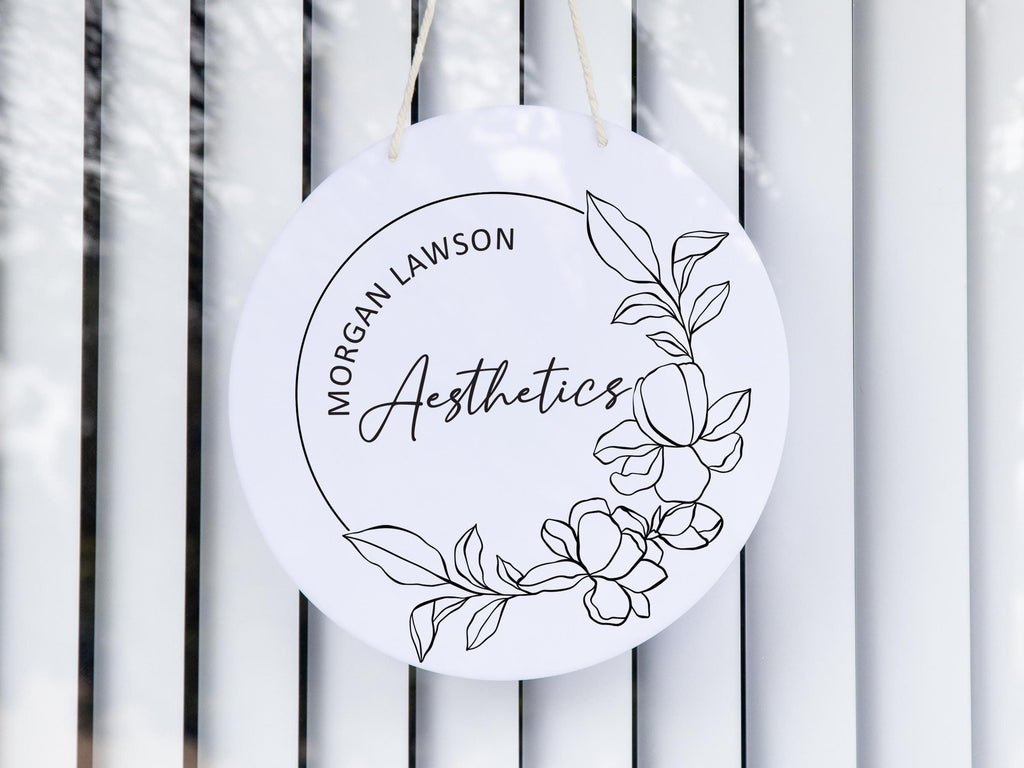 Round Hanging Acrylic Sign (Logo) w/ White Rope - Custom window signage for office rental door small business beauty salon spa artist plaque