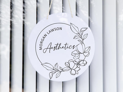 Round Hanging Acrylic Sign (Logo) w/ White Rope - Custom window signage for office rental door small business beauty salon spa artist plaque