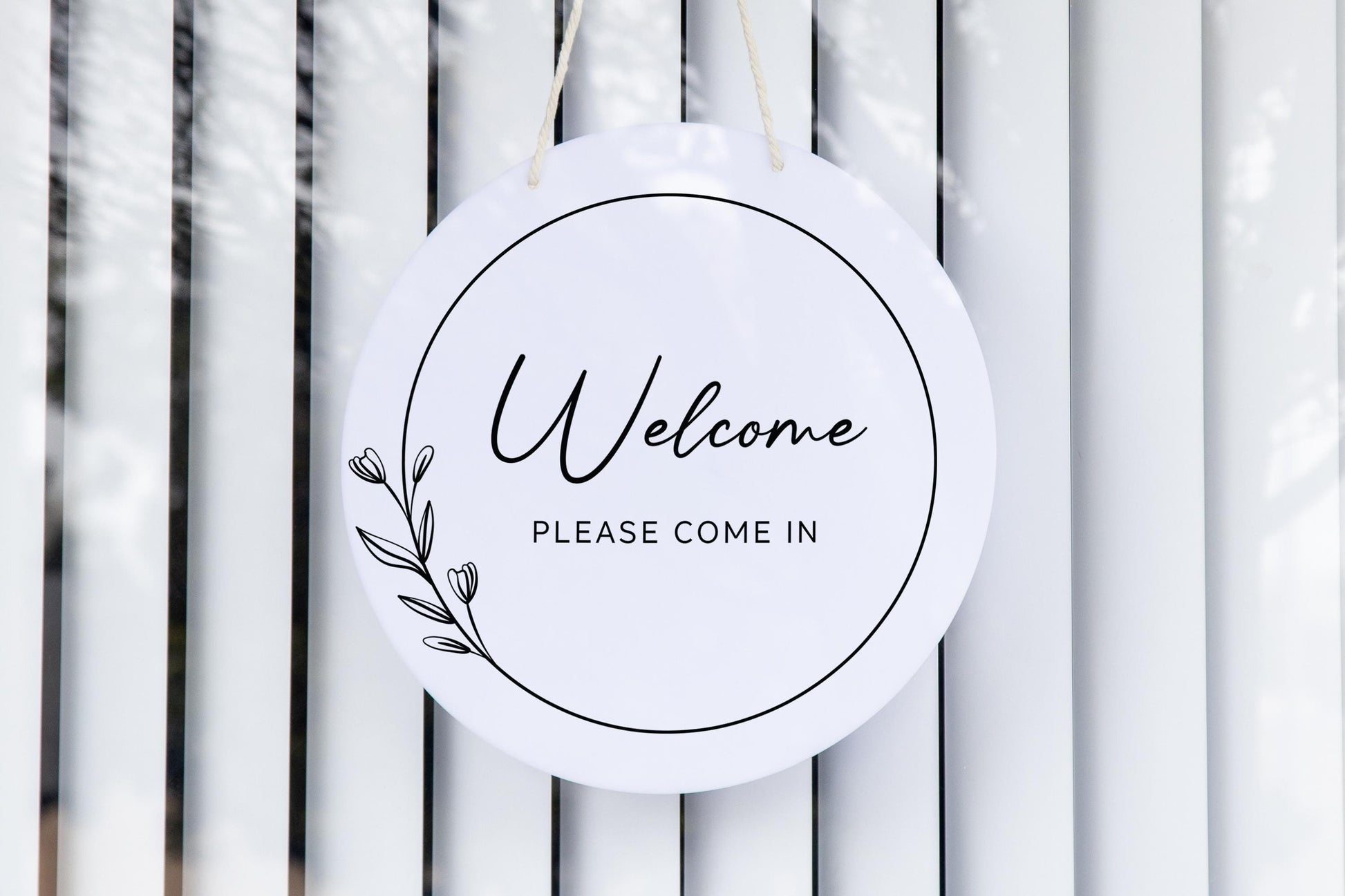 Round Hanging Acrylic Sign (In Session) w/ White Rope - Custom window signage for office, rental, small business logo, trade shows signs