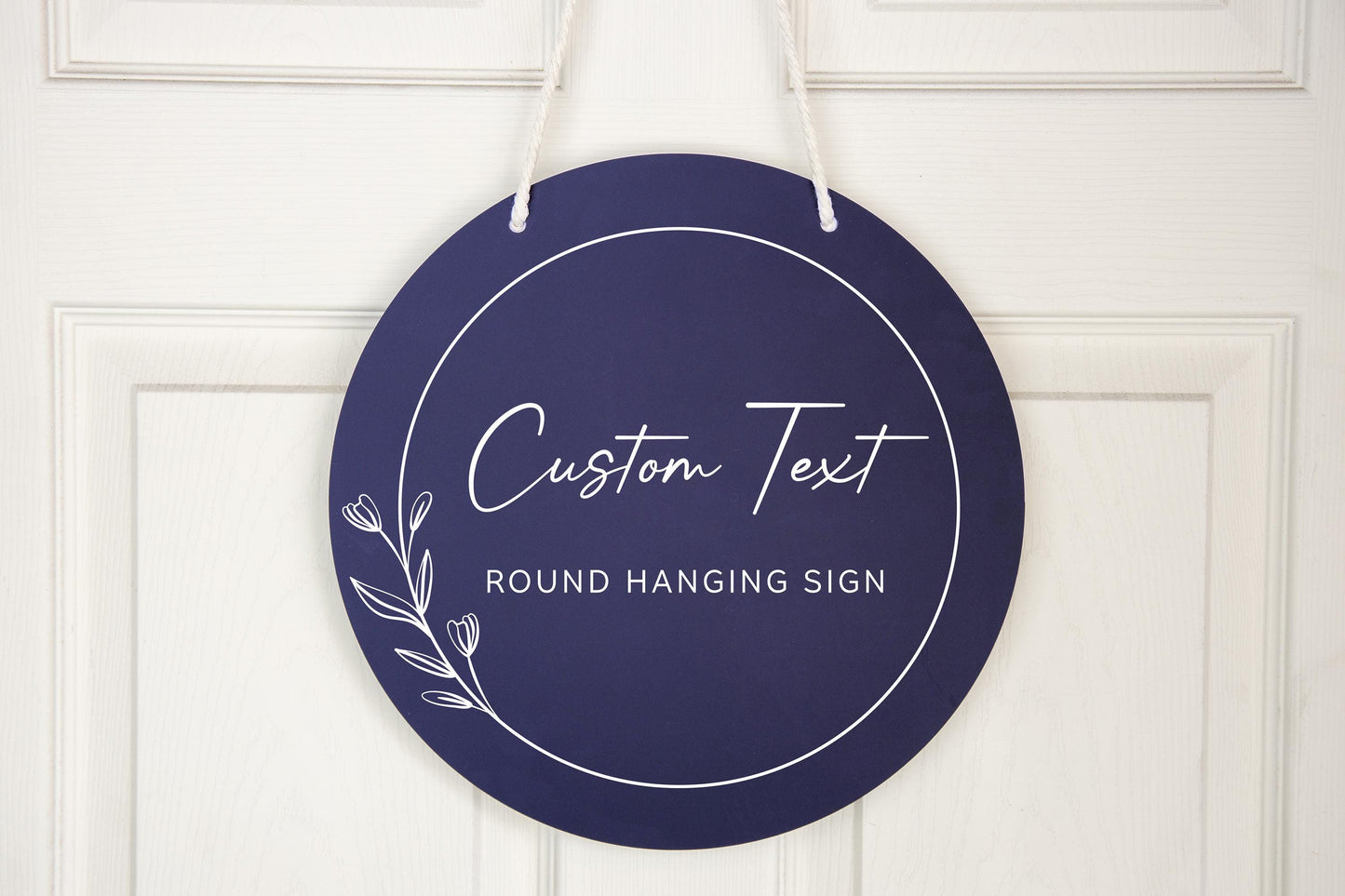 Round Hanging Acrylic Sign (In Session) w/ White Rope - Custom window signage for office, rental, small business logo, trade shows signs