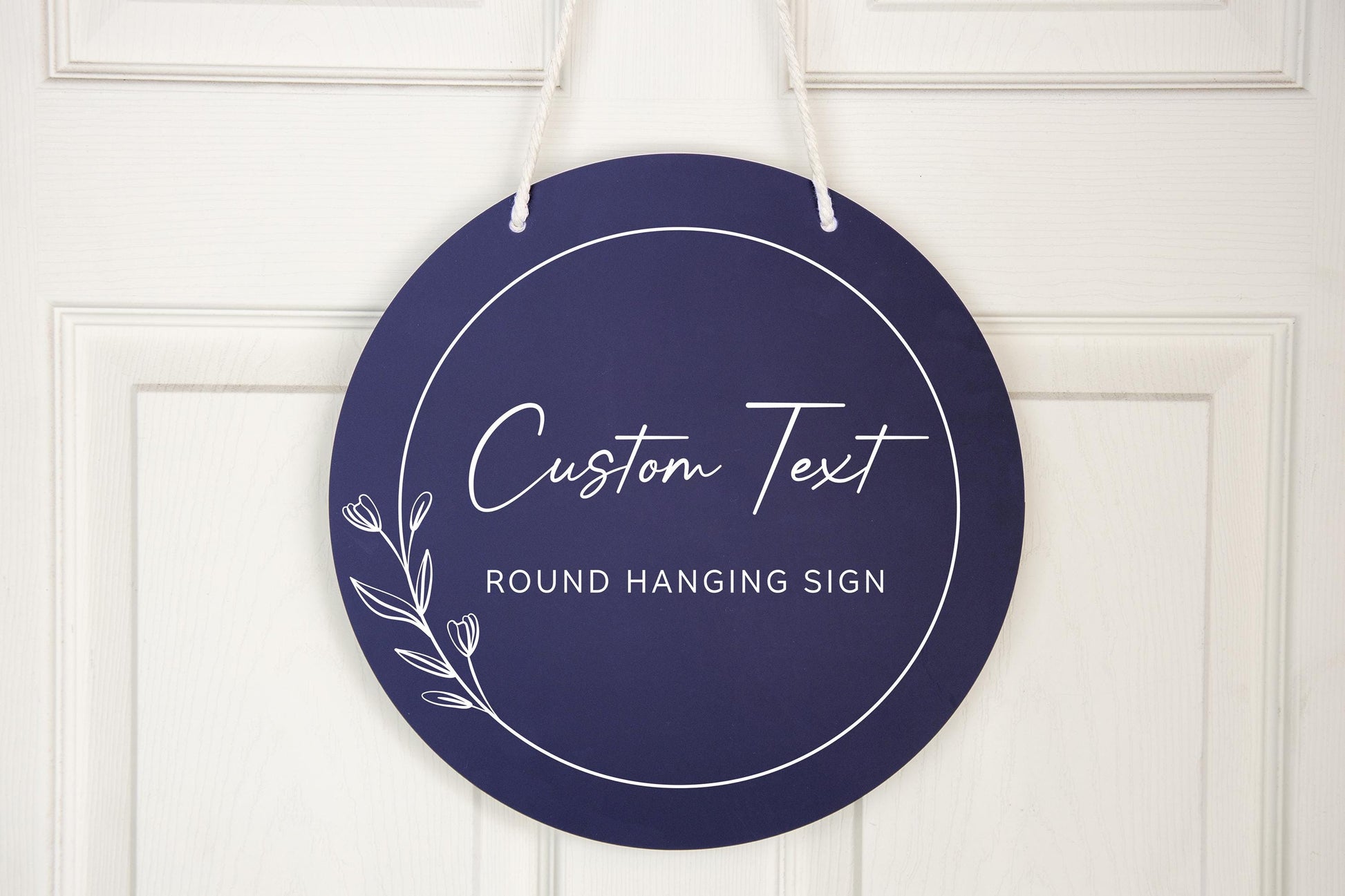 Round Hanging Acrylic Sign (In Session) w/ White Rope - Custom window signage for office, rental, small business logo, trade shows signs